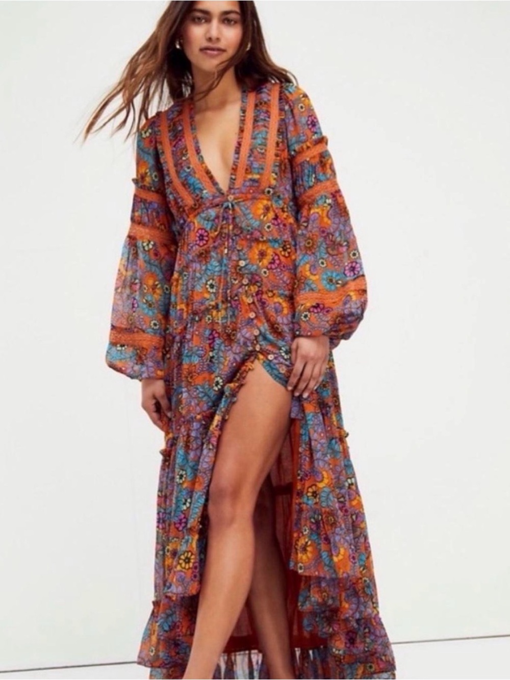 Free People Cassis Floral Maxi Dress in Orange & Multicolor